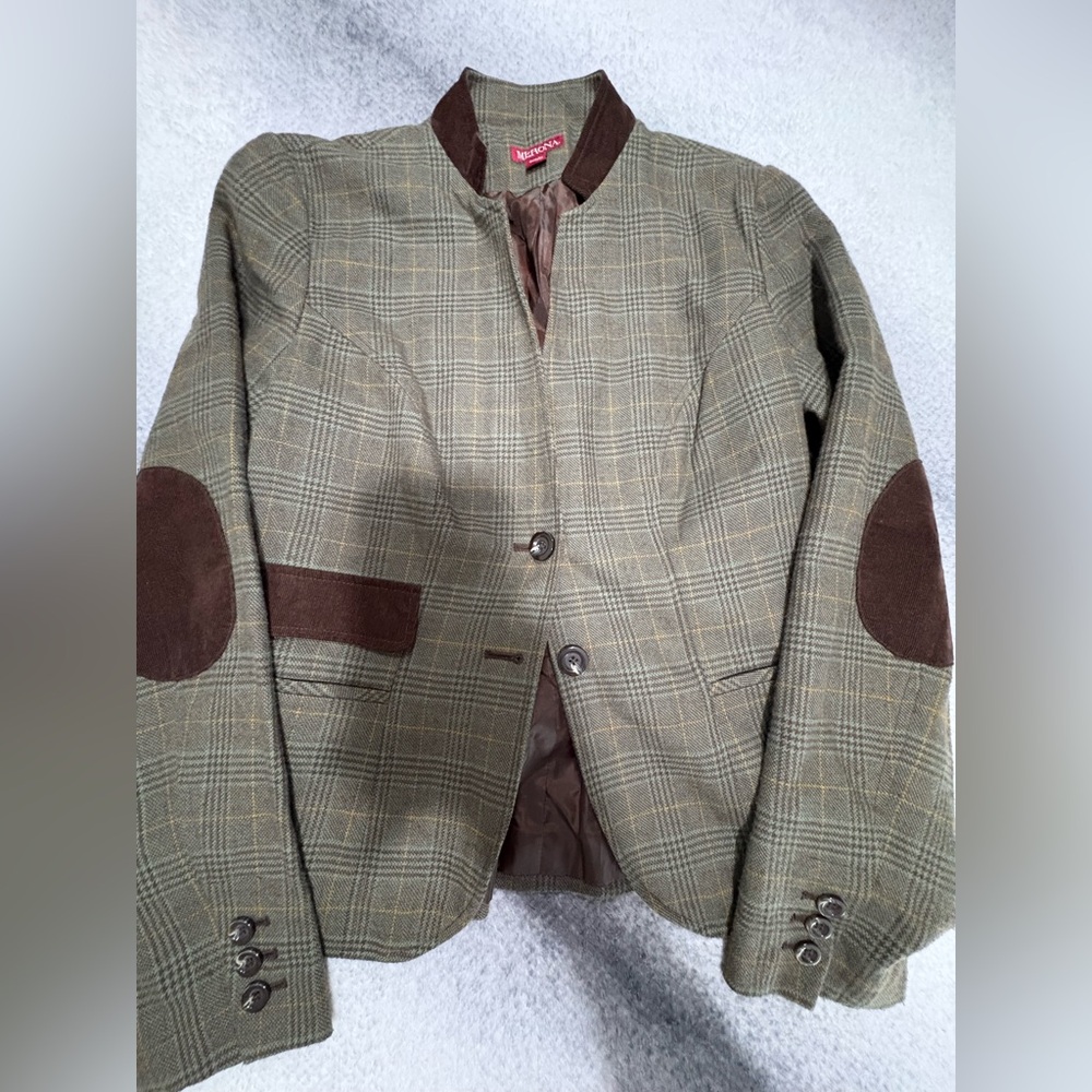 Merona Green Brown Cord Trim Elbow Equestrian Plaid Blazer Jacket XS X Small